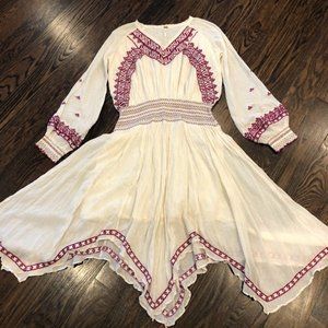Free People Women's Dress Ivory w/Raspberry Embroidery